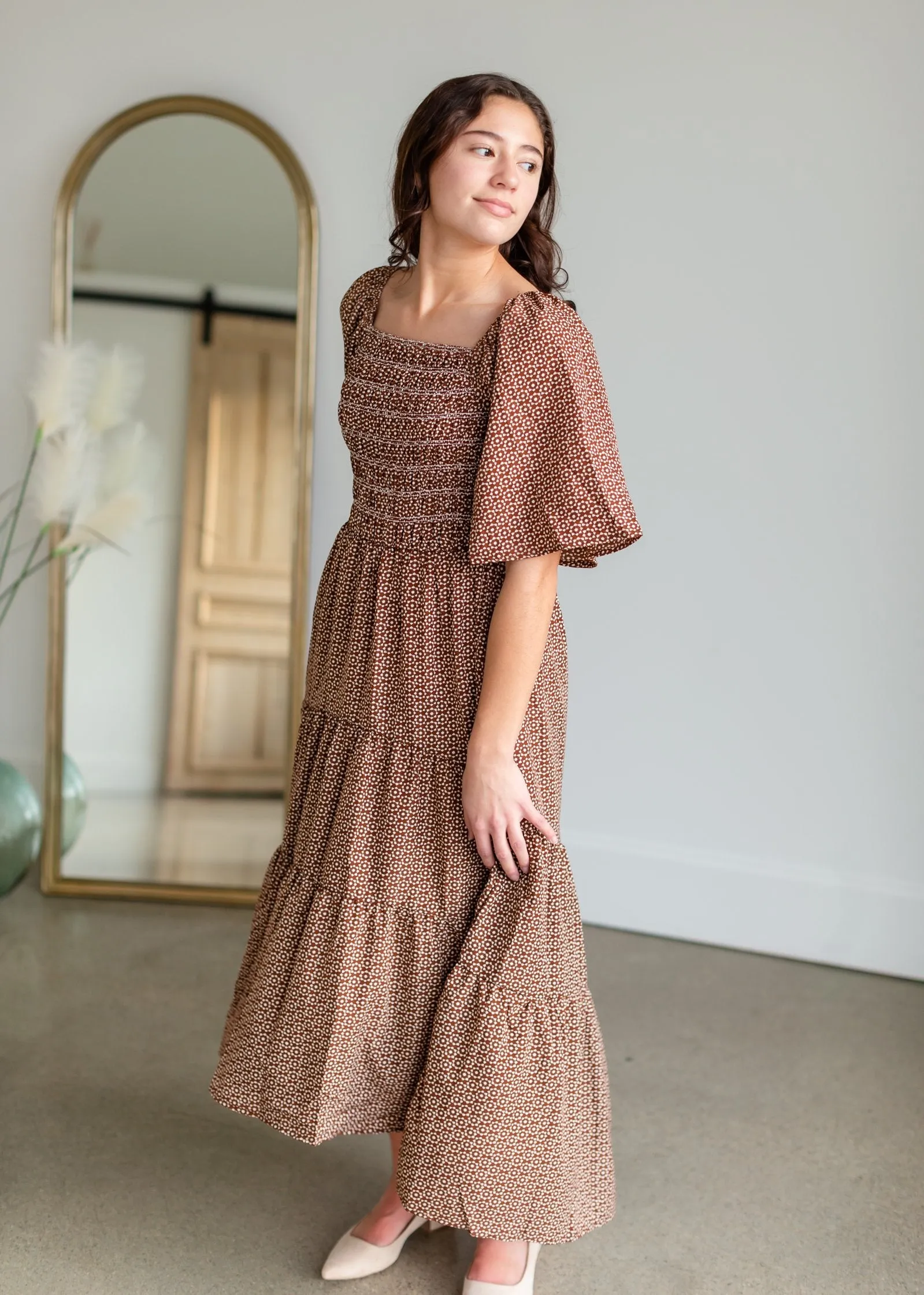 Smocked Square Neck Tiered Midi Dress-FINAL SALE